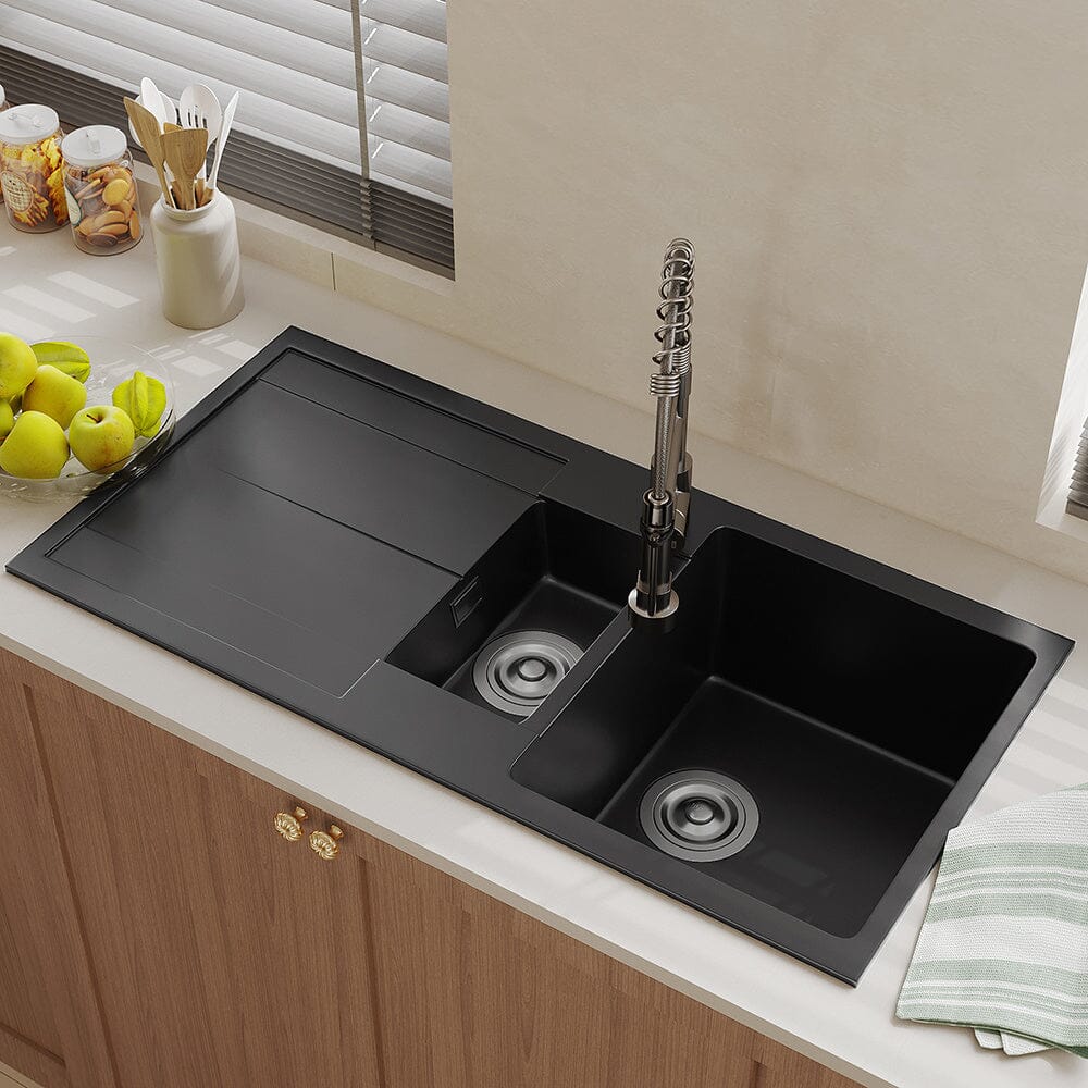 Quartz Undermount Double Bowl Kitchen Sink with Drainboard