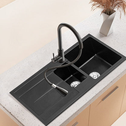 Quartz Undermount Double Bowl Kitchen Sink with Drainboard