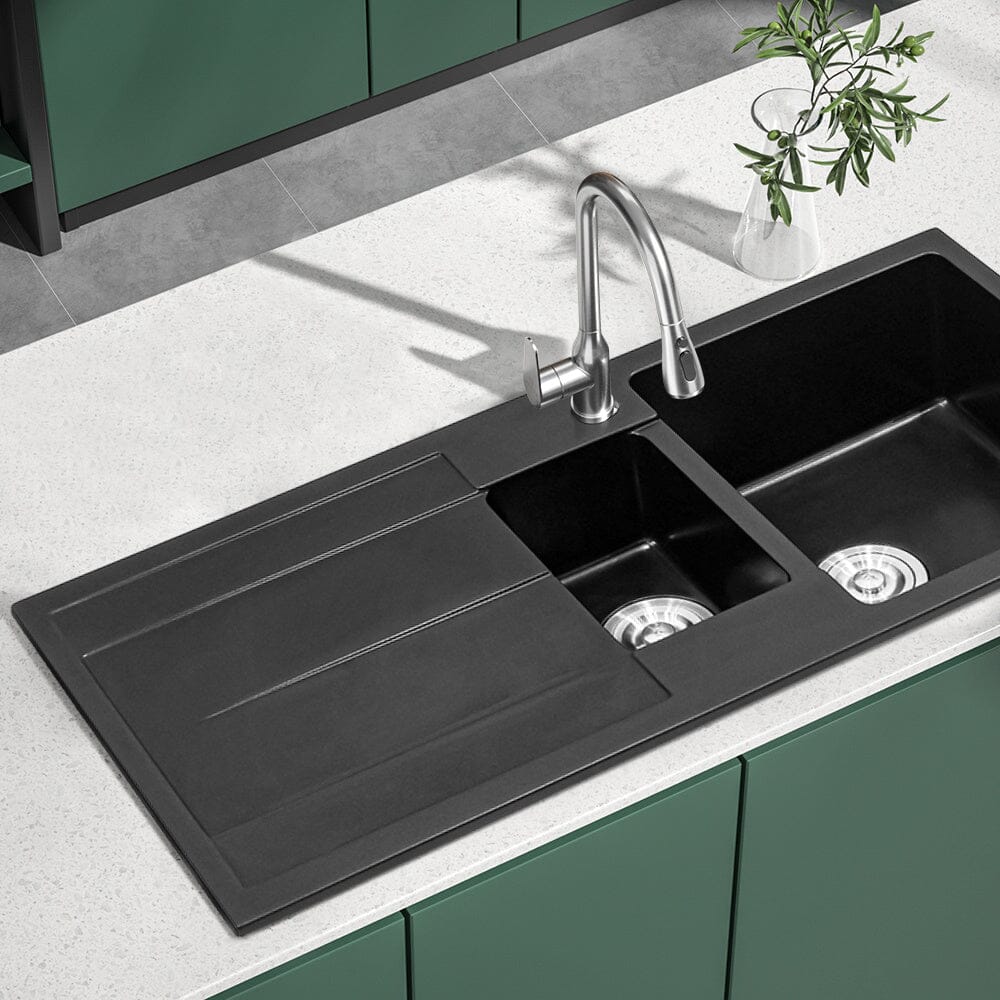 Quartz Undermount Double Bowl Kitchen Sink with Drainboard