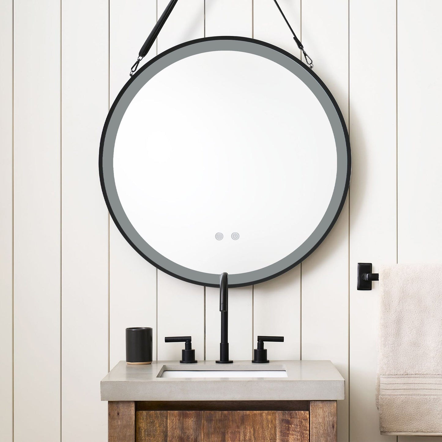 Round Metal LED Mirror with Hanging Strap