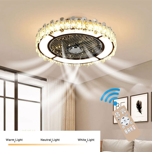 Round Crystal Flush Mount LED Ceiling Fan Light