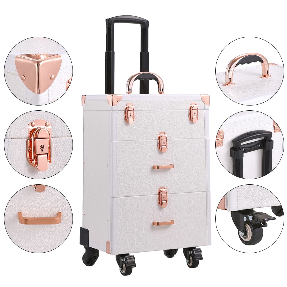 White/Green 3 in 1 Professional Cosmetic Trolley Case Makeup Box on Wheels