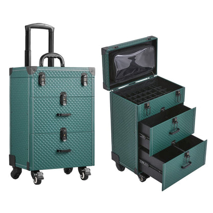 White/Green 3 in 1 Professional Cosmetic Trolley Case Makeup Box on Wheels