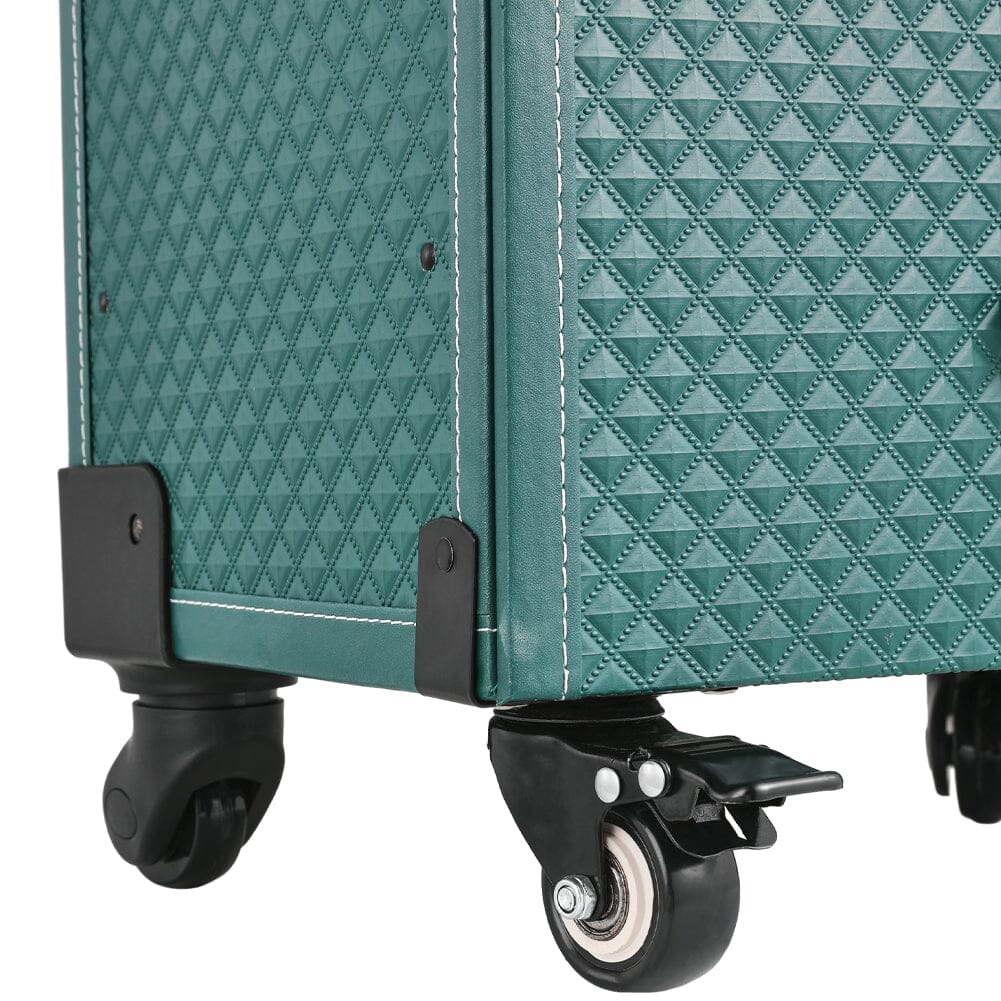 White/Green 3 in 1 Professional Cosmetic Trolley Case Makeup Box on Wheels