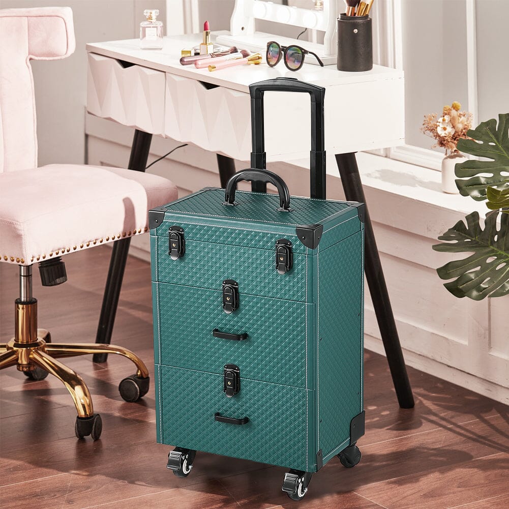 White/Green 3 in 1 Professional Cosmetic Trolley Case Makeup Box on Wheels