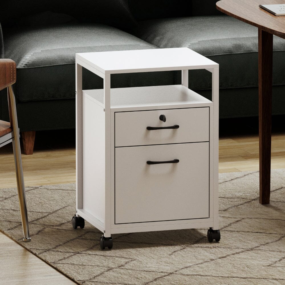 Versatile White Office Cabinet with Lockable Drawers and Mobility