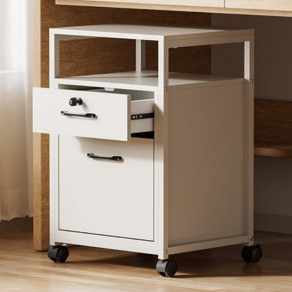 Versatile White Office Cabinet with Lockable Drawers and Mobility