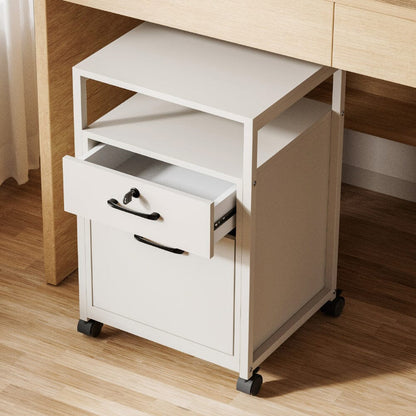 Versatile White Office Cabinet with Lockable Drawers and Mobility