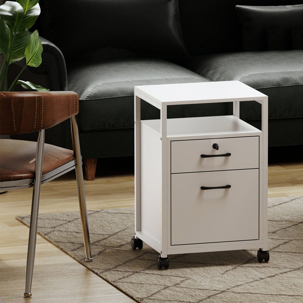 Versatile White Office Cabinet with Lockable Drawers and Mobility