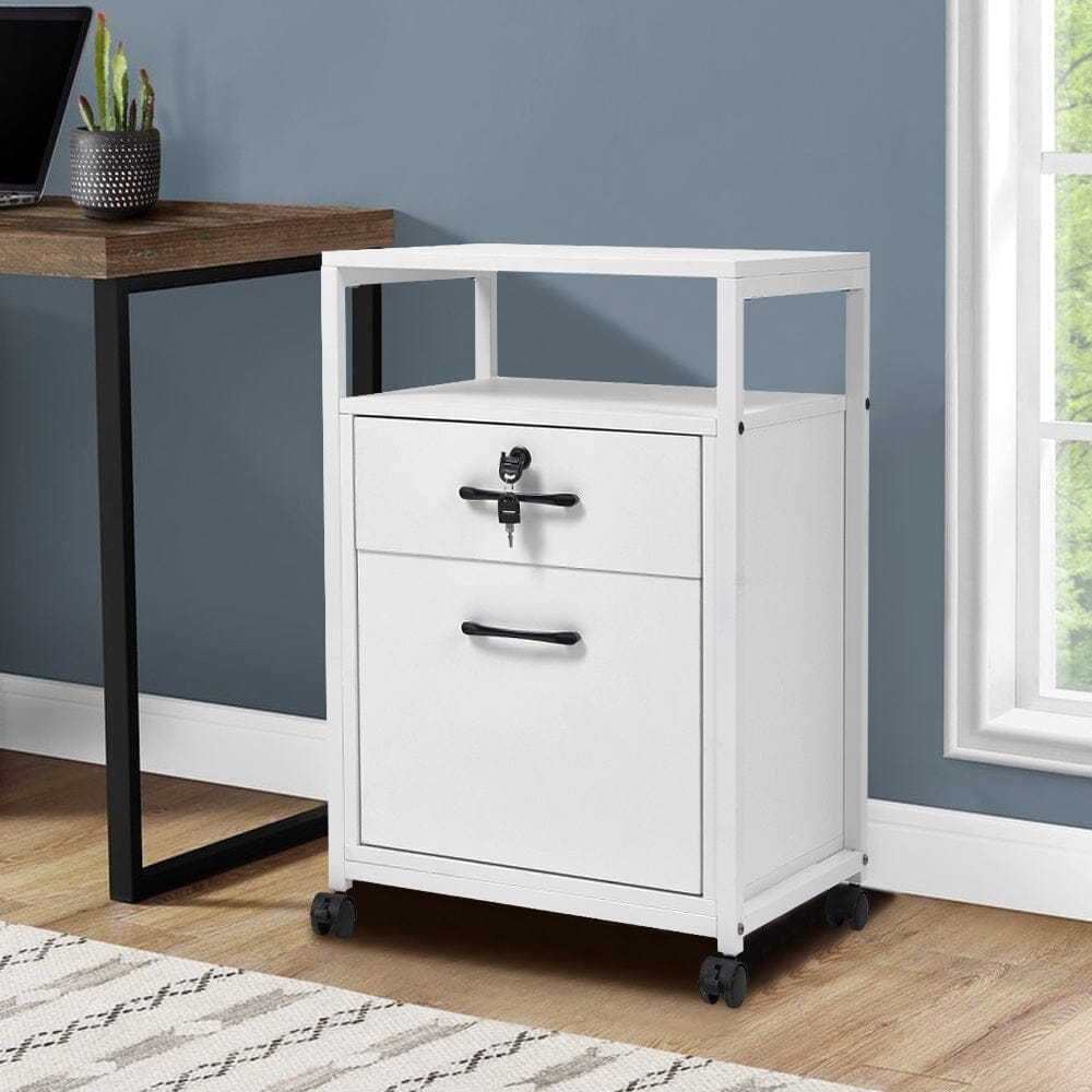 Versatile White Office Cabinet with Lockable Drawers and Mobility