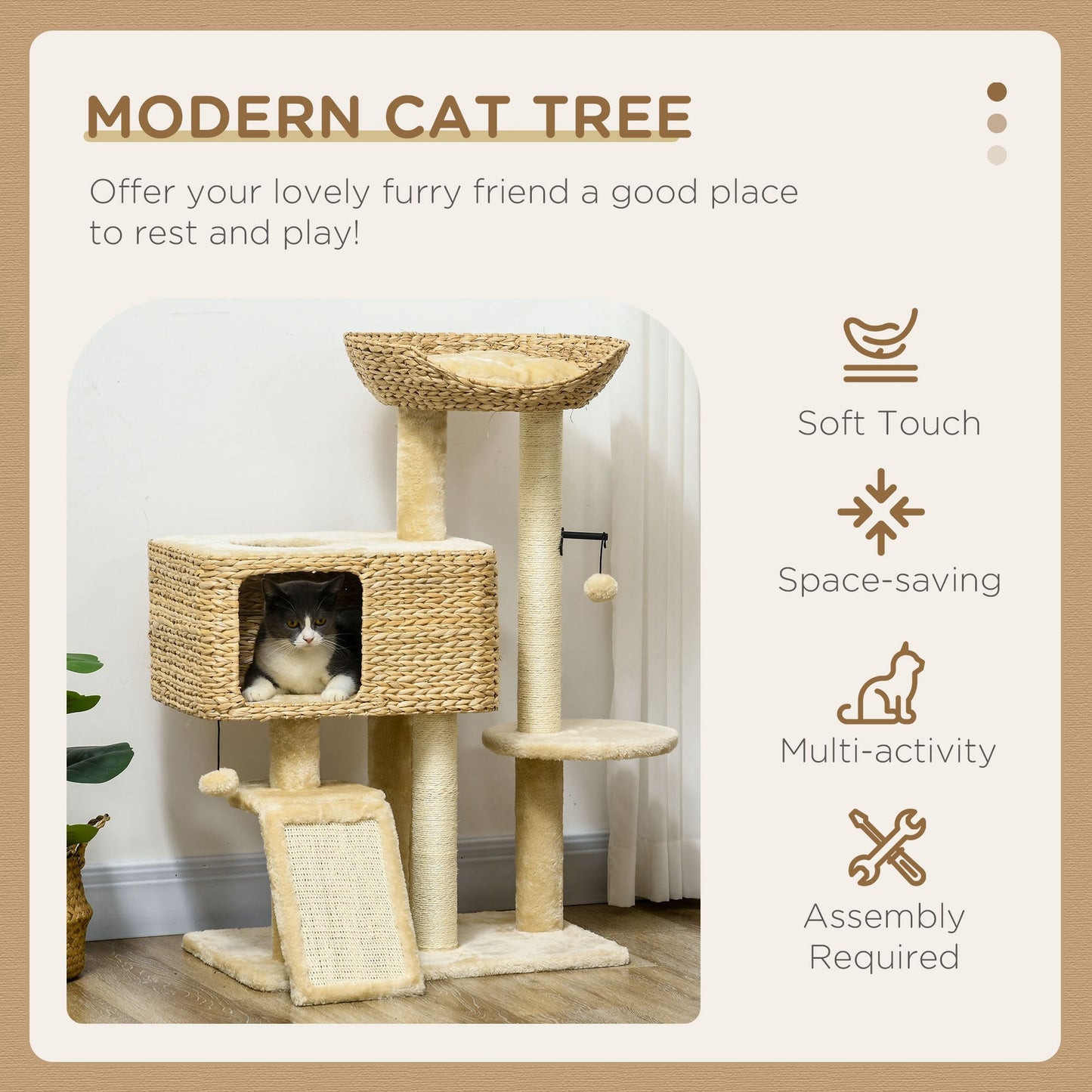 PawHut 95cm Cat Tree Tower for Indoor Cats, with Scratching Post, Cat House, Toy Ball, Platform - Beige