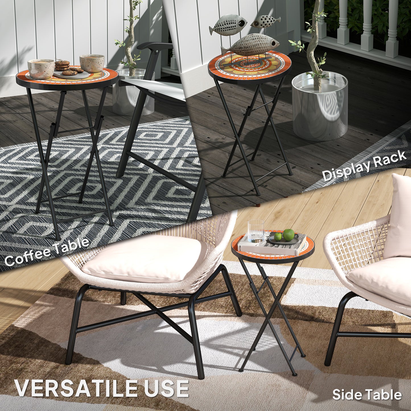 Outsunny Mosaic Outdoor Garden Table, 35,5 cm Okrągły Składany Stolik Kawowy z Metalową Ramą na Balkon i Taras, Pomarańczowy