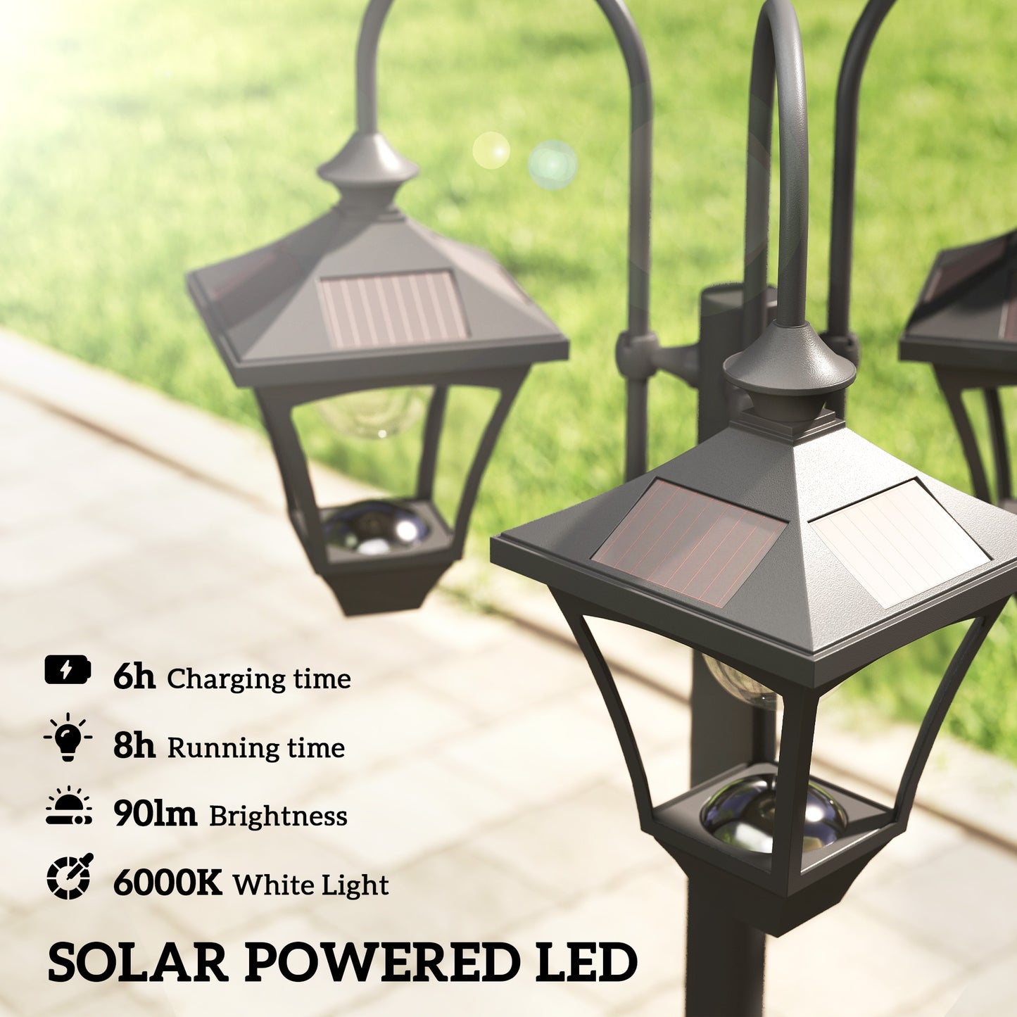 Outsunny Solar Lamp Post with Dusk-to-Dawn Sensor Street Light with 3-Head Planter 185 cm Black
