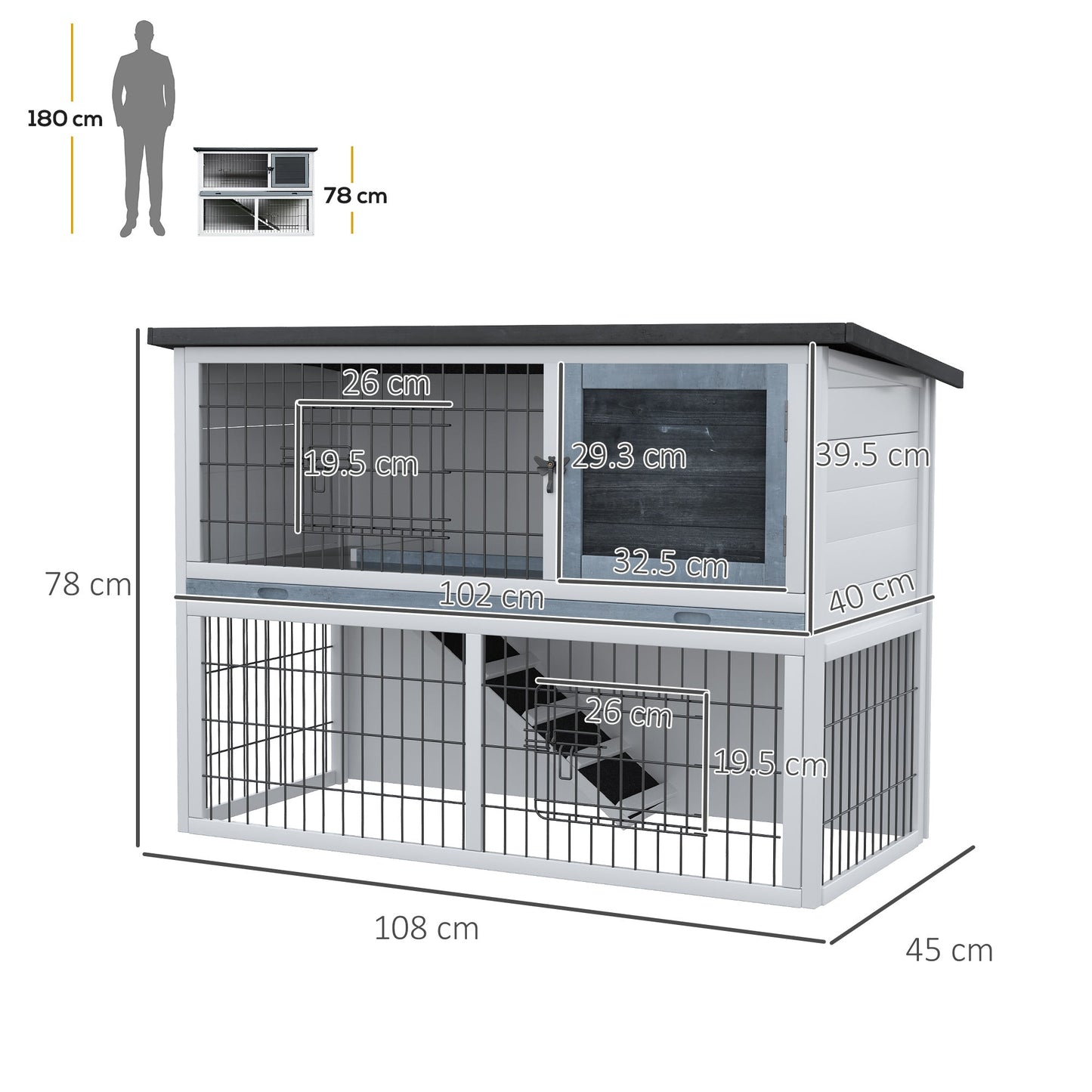 PawHut Small Animal Two-Level Fir Wood Hutch w/ Slide Out Tray Grey