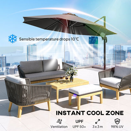 Outsunny 3(m) Adjustable Cantilever Parasol with Base, Solar LED Lights, Dark Grey