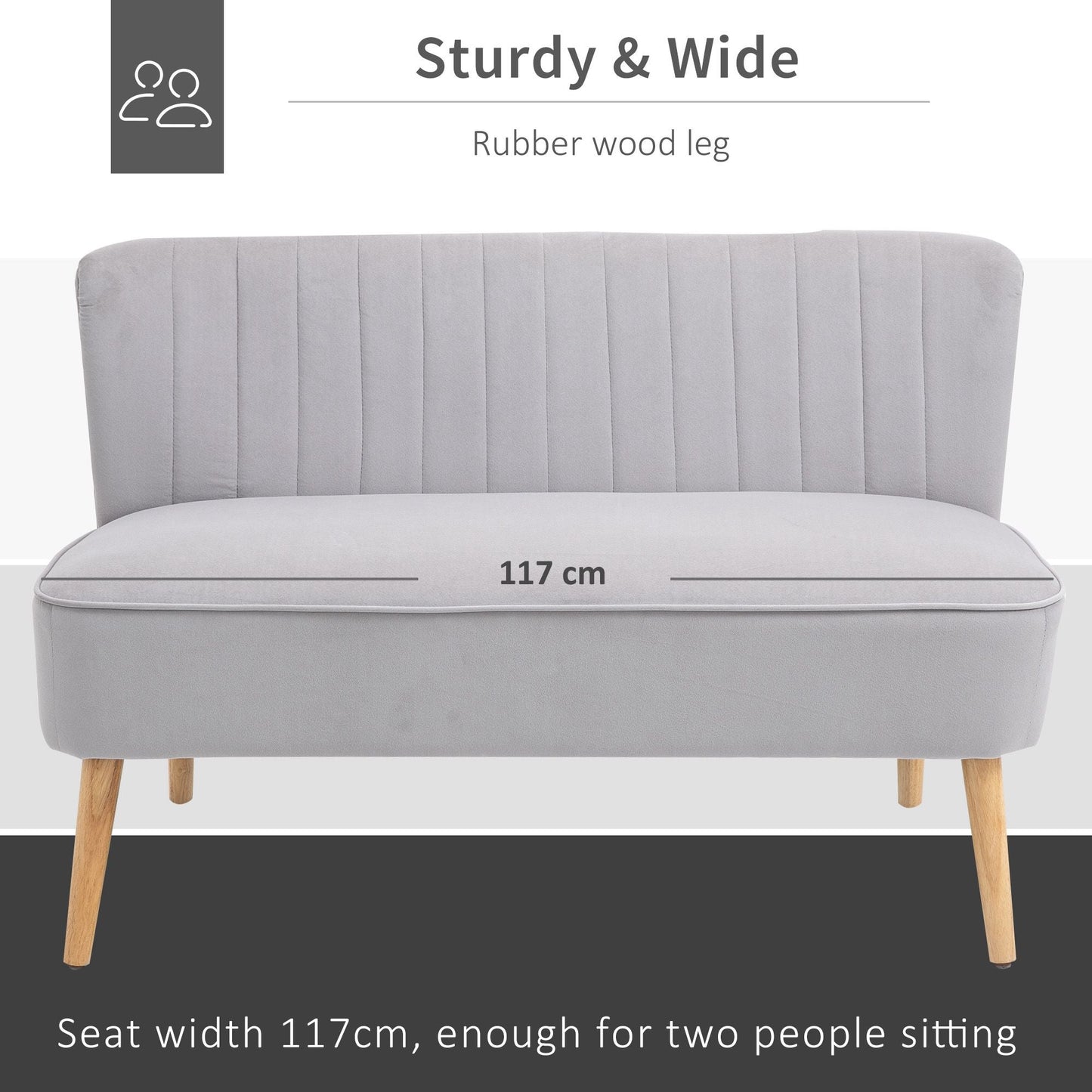 HOMCOM Modern Velvet Double Seat Sofa w/ Wood Frame Foam Padding Soft Comfortable Compact Couch Light Grey