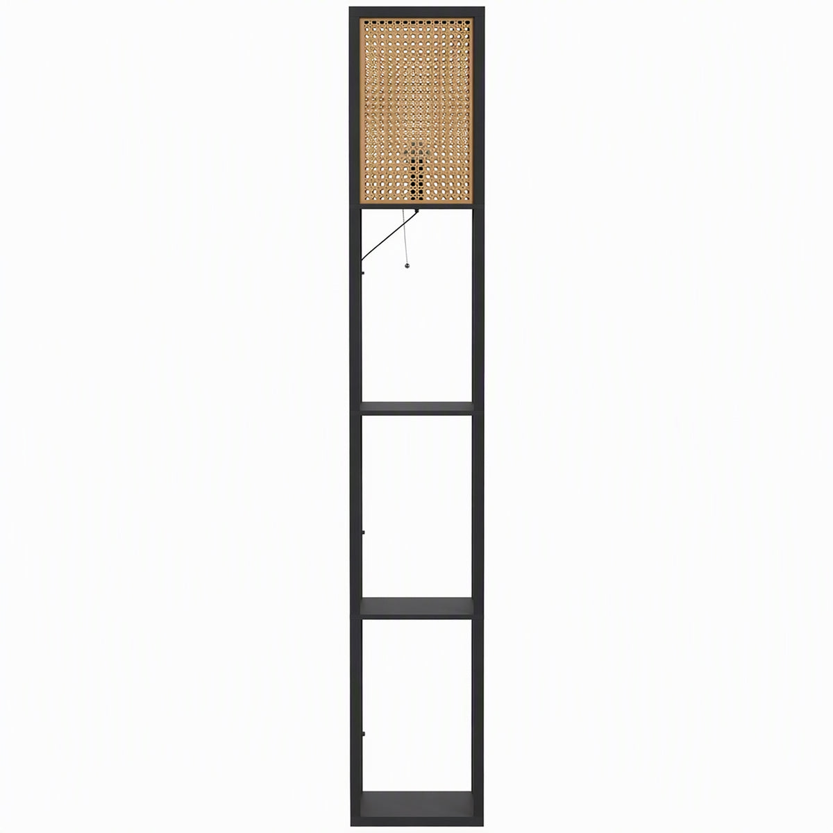 HOMCOM Floor Lamp with Shelves, Rattan Shade and Pull-Chain Switch, 3-Tier Storage Shelves for Bedroom Living Room, Black