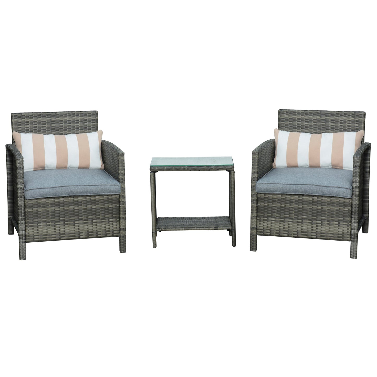 Outsunny 3 Pieces Rattan Bistro Set, Wicker Garden Furniture Set, Glass Top 2-tier Coffee Table and Chairs Set with Pillows and Washable Cushions for Outdoor, Patio, Balcony, Grey