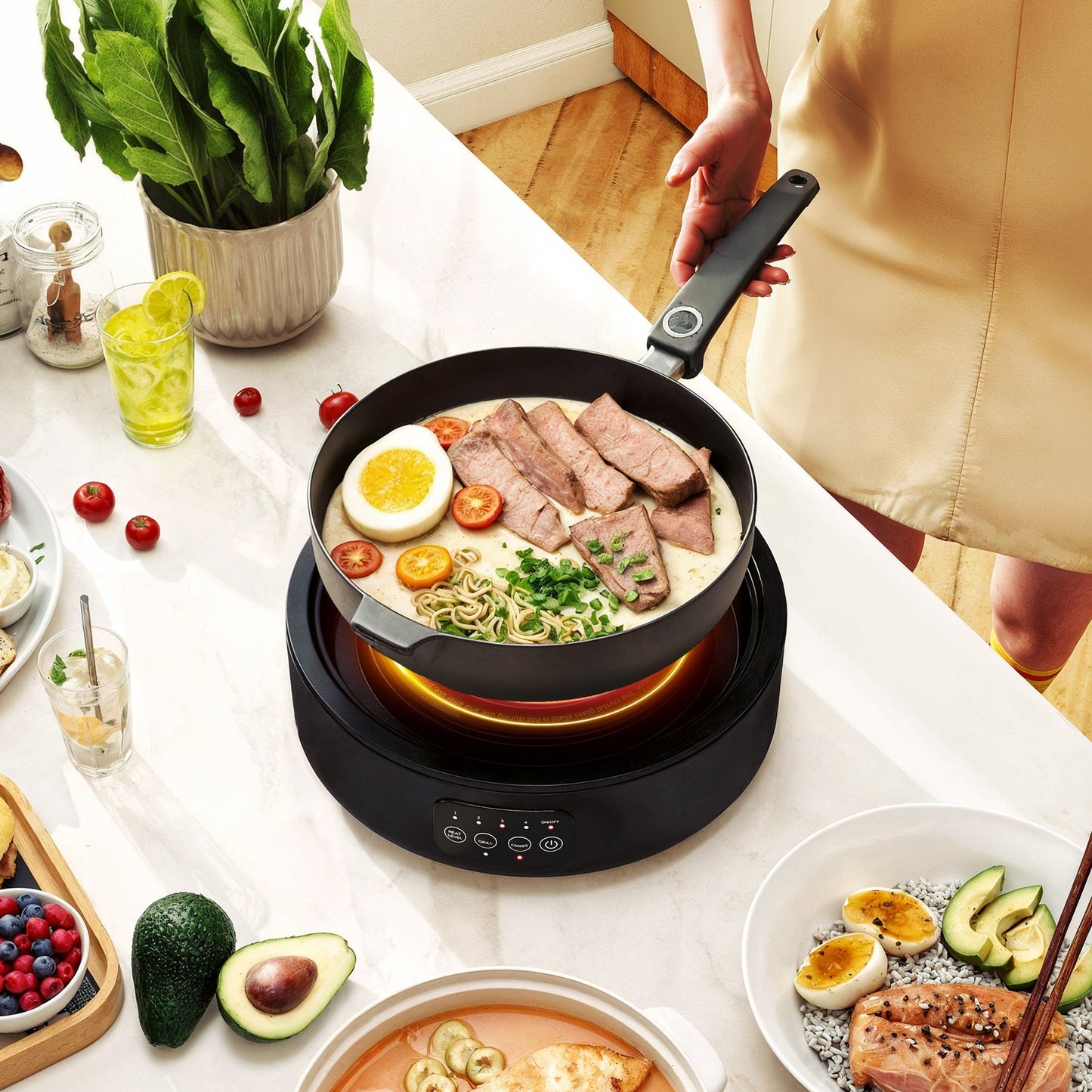 HOMCOM Electric Ceramic Hob with Grill Plate, Multifunctional 36cm Plug in Electric Hob with 4 Heat Levels for All Type Pot