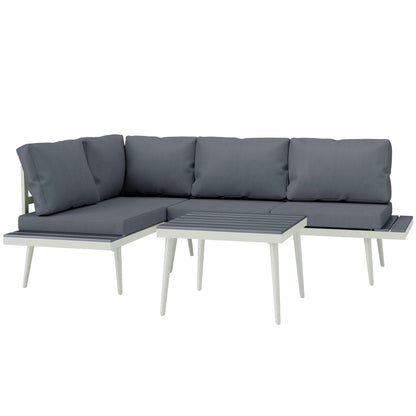 Zestaw mebli ogrodowych Outsunny 3-częściowy z 5-poziomową regulowaną leżanką, narożna sofa ogrodowa w kształcie litery L z poduszkami, siedzisko z siatki, stół z listew z drewna słojowego, zestaw mebli ogrodowych do ogrodu zimowego, szary