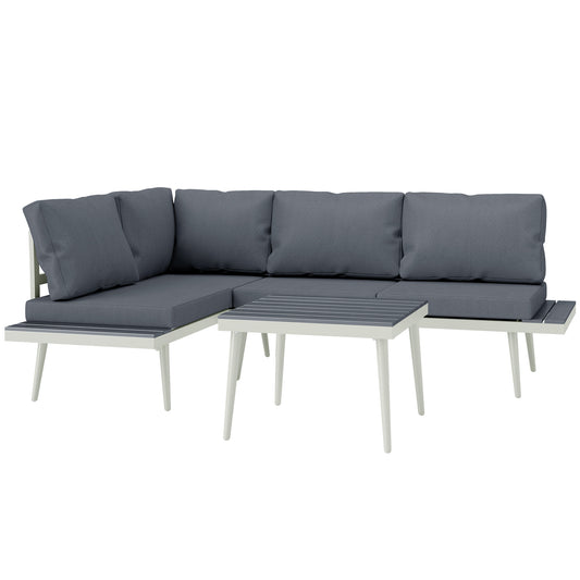 Zestaw mebli ogrodowych Outsunny 3-częściowy z 5-poziomową regulowaną leżanką, narożna sofa ogrodowa w kształcie litery L z poduszkami, siedzisko z siatki, stół z listew z drewna słojowego, zestaw mebli ogrodowych do ogrodu zimowego, szary