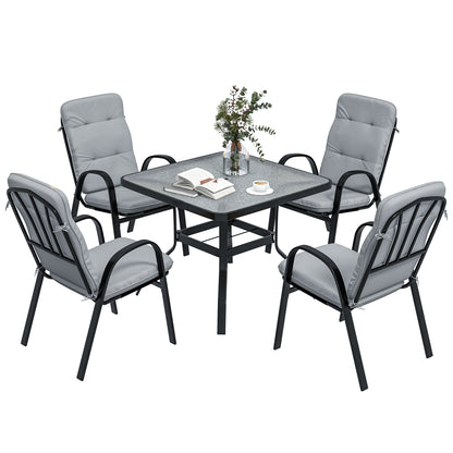 Outsunny 5 Pieces Outdoor Square Garden Dining Set w/ Tempered Glass Dining Table 4 Cushioned Armchairs, Umbrella Hole, Grey