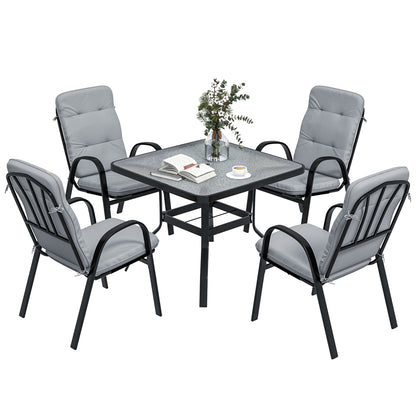 Outsunny 5 Pieces Outdoor Square Garden Dining Set w/ Tempered Glass Dining Table 4 Cushioned Armchairs, Umbrella Hole, Grey