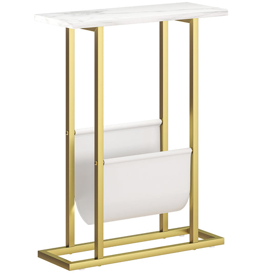 HOMCOM Narrow Side Table, End Table with Magazine Holder, Nightstand for Small Spaces, Living Room, Bedroom, White Marble Grain