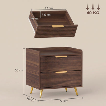 HOMCOM Elegant Two-Drawer Bedside Table - Walnut Brown