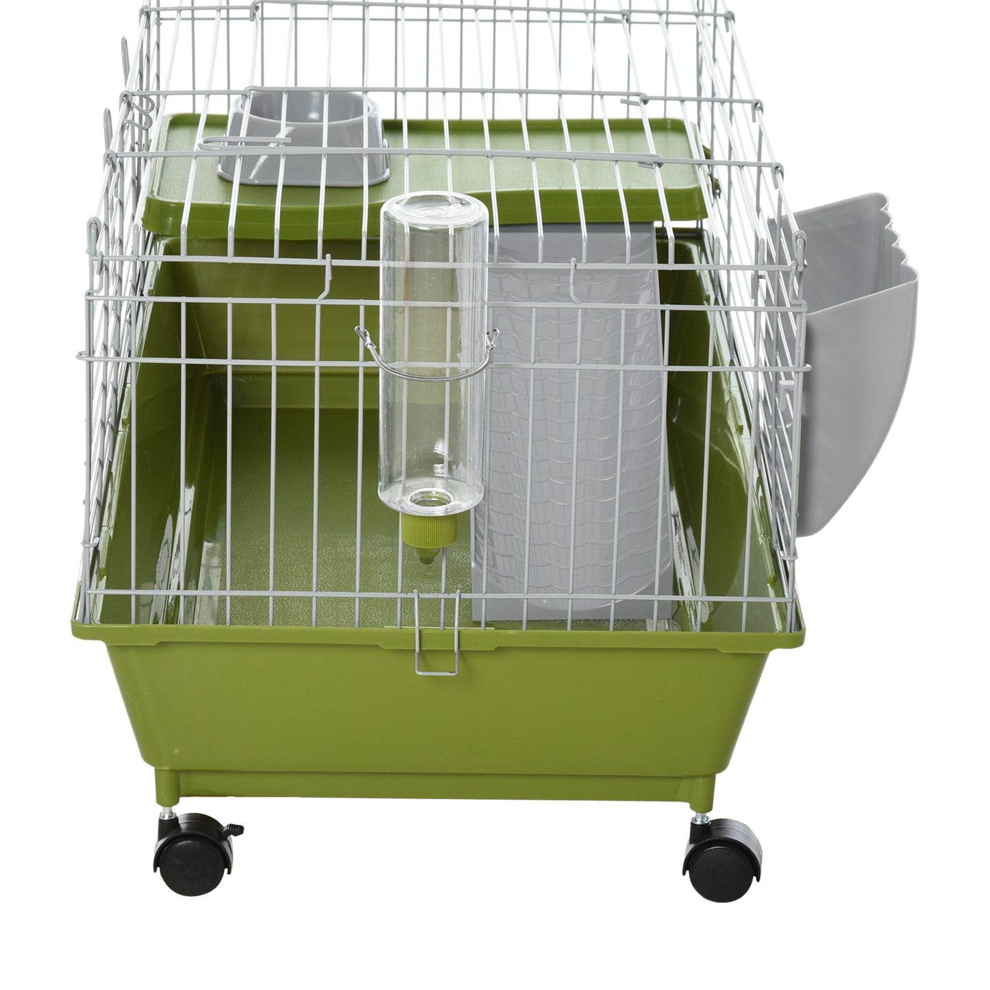 PawHut Small Animal Cage Rabbit Guinea Pigs Chinchillas Cage w/ Wheels Water Bottle Food Dish Platform Ramp 89 x 44 x 43 cm Green