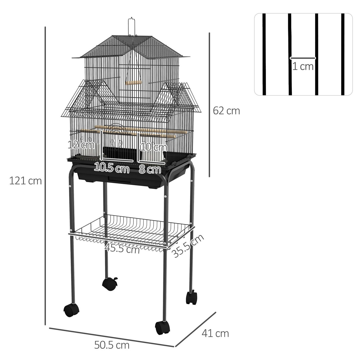 PawHut Metal Bird Cage with Plastic Swing Perch Food Container Tray Handle for Finch Canary Budgie 50.5 x 40 x 63cm Black