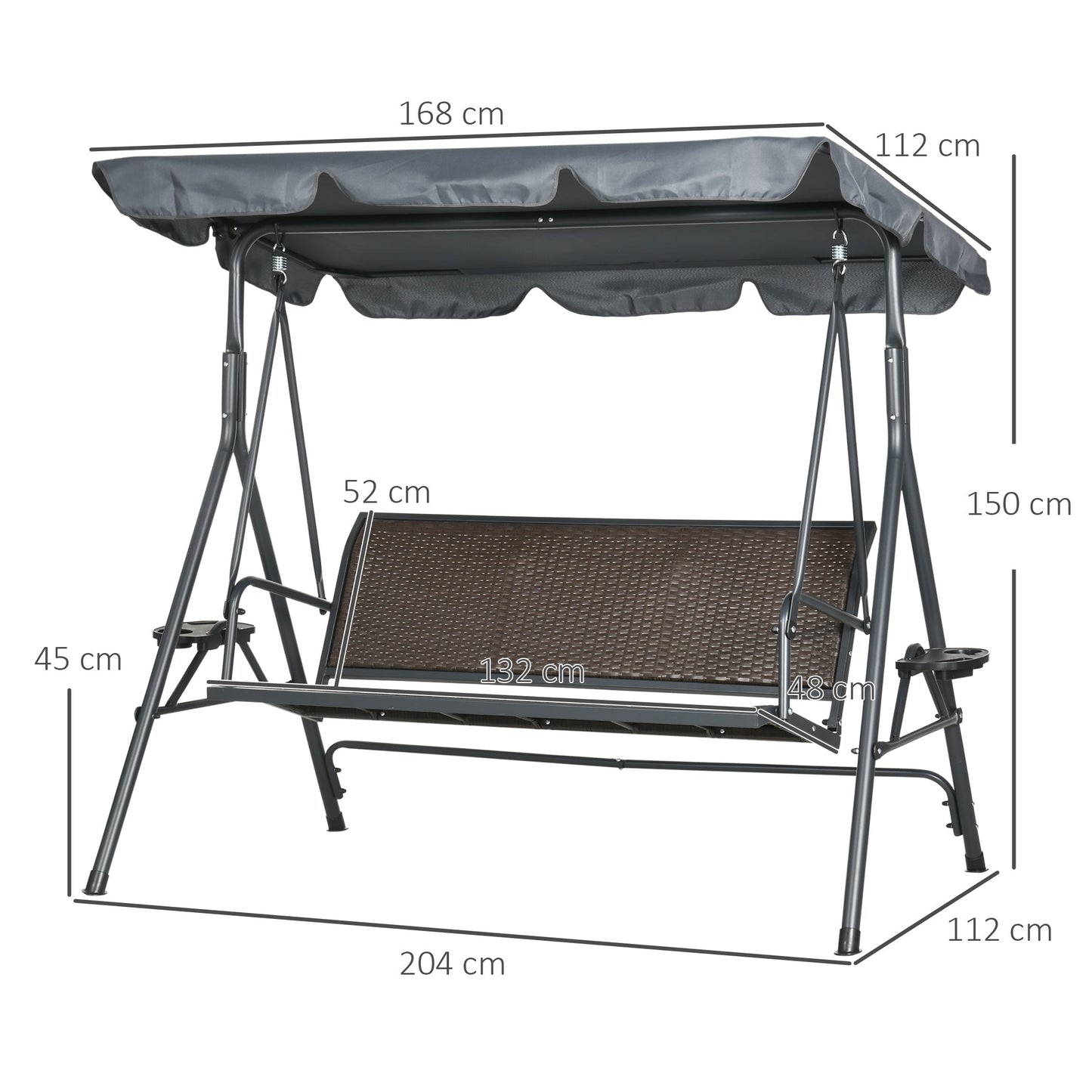 Outsunny 3 Seater Swing Chair, Garden Swing Seat Bench with Adjustable Canopy, Rattan Seat, and Steel Frame for Patio, Yard