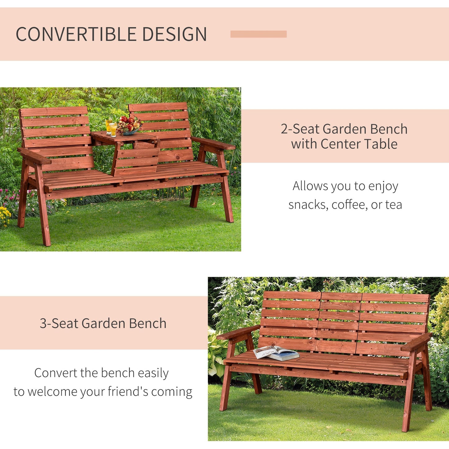 Outsunny Garden Wooden Convertible 2-3 Seater Bench or Companion Chair Loveseat Patio Partner Bench with Middle Table