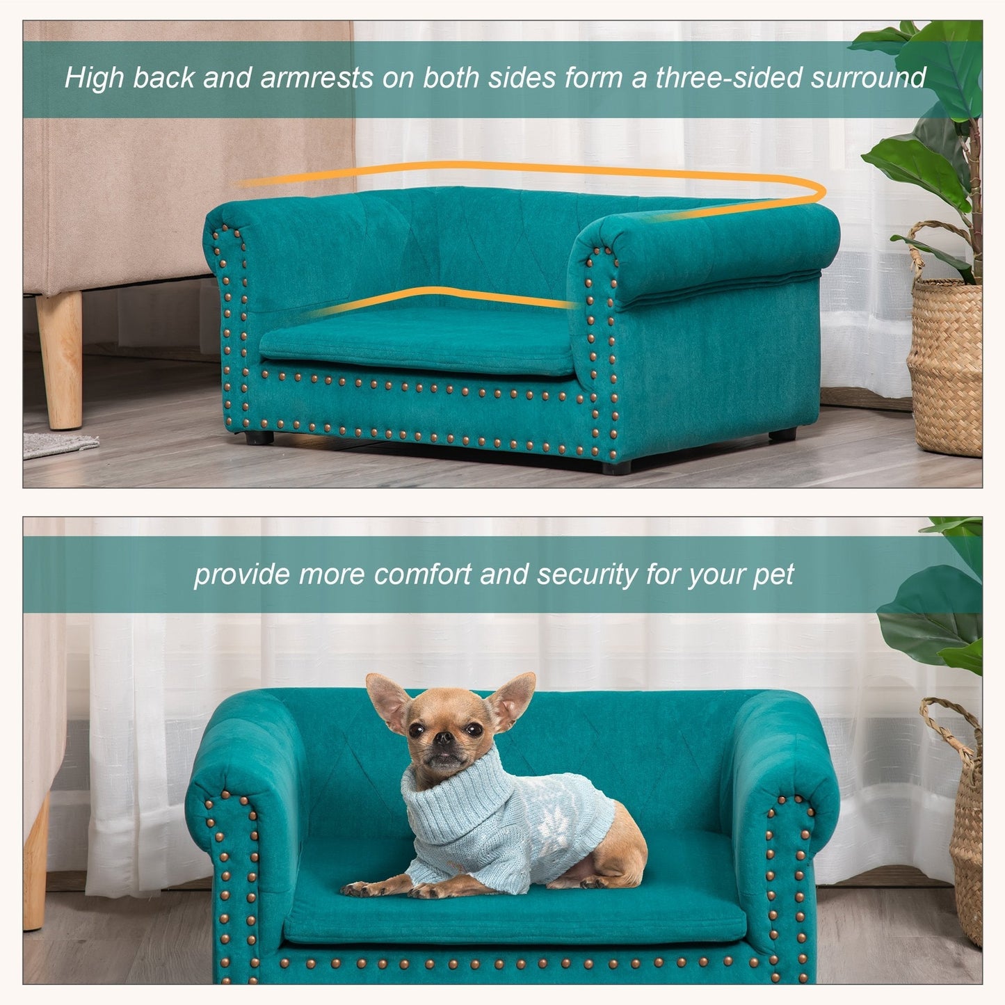 PawHut Pet Sofa Soft Dog Bed Couch with Removable Sponge Cushion Waterproof Cover Wooden Frame, Puppy Kitten Lounge For Small Dog Cat, Green, 70x45x30 cm for Kitten, Green