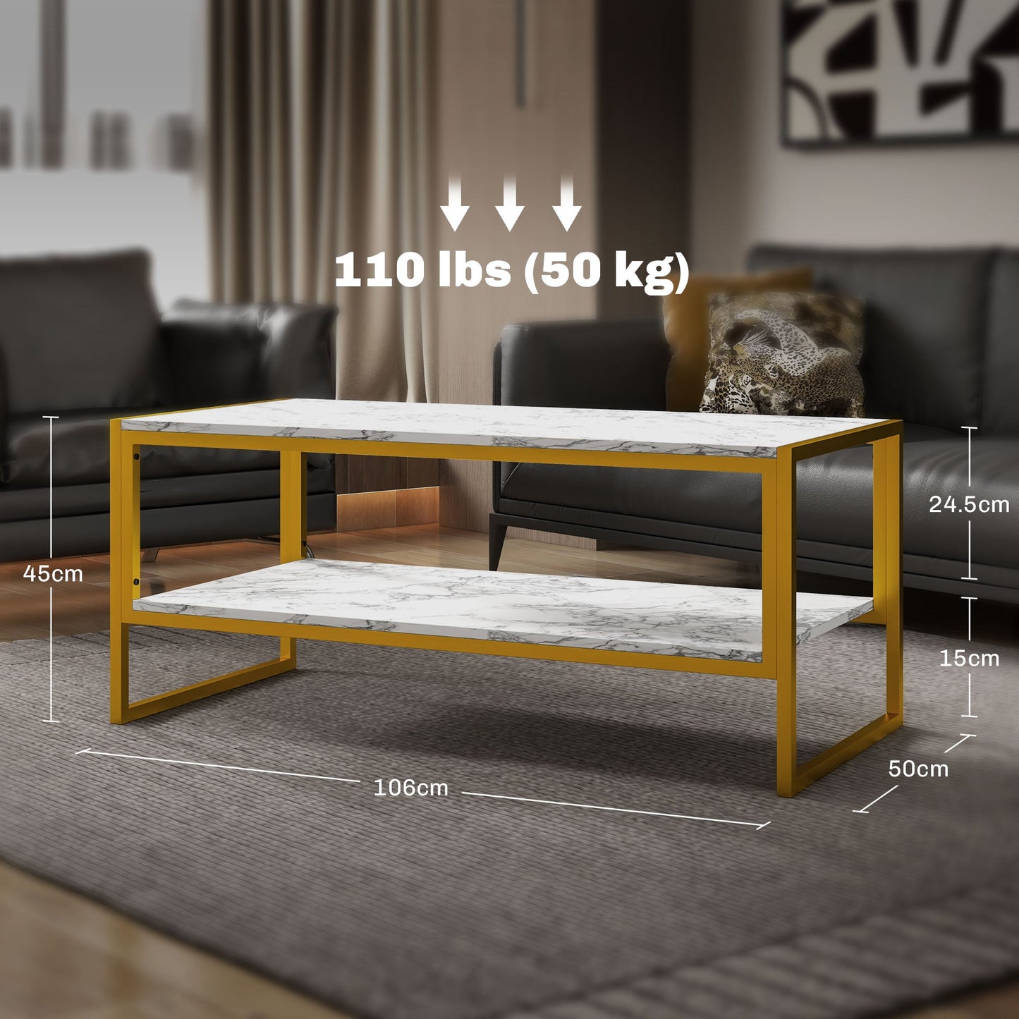 HOMCOM Coffee Table, Two-Tier Faux Marble Effect Centre Table with Metal Frame and Storage Shelf for Living Room, 106 x 50 x 45cm, White