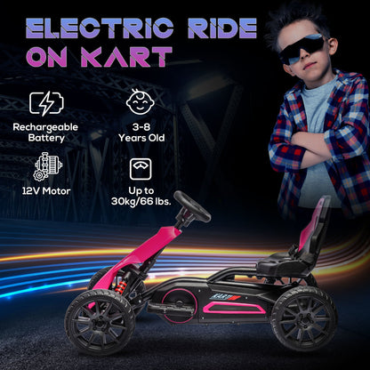 12V Electric Go Kart for Kids, Ride-On Racing Go Kart w/ Forward Reversing, Rechargeable Battery, 2 Speeds, for Kids Aged 3-8, Pink