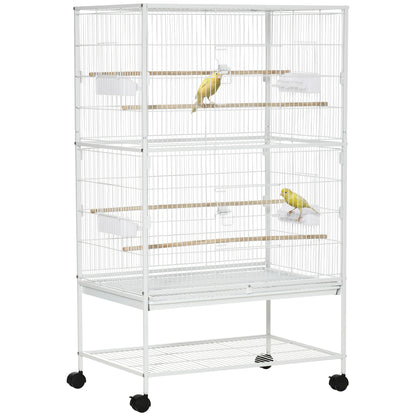 PawHut Duża klatka dla ptaków Budgie Cage dla Finch Kanarki Papużki z ruchomym stojakiem, wysuwaną tacą, półką do przechowywania, pojemnikami na żywność, biała