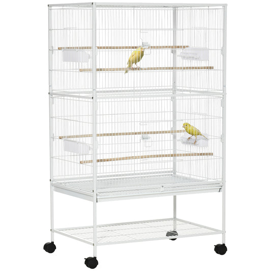 PawHut Duża klatka dla ptaków Budgie Cage dla Finch Kanarki Papużki z ruchomym stojakiem, wysuwaną tacą, półką do przechowywania, pojemnikami na żywność, biała