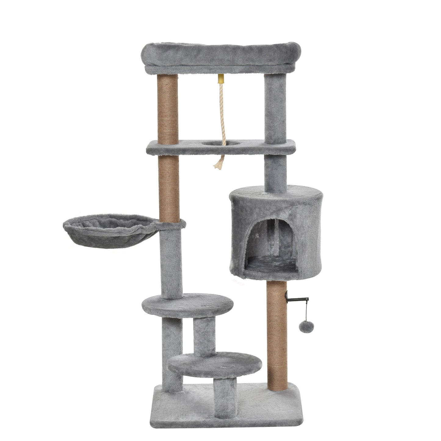 PawHut Cat Tree Cat Scratching Post 120cm with Jute Scratching Post Perch Hanging Ball Hammock Teasing Rope Condo Toy Light Grey