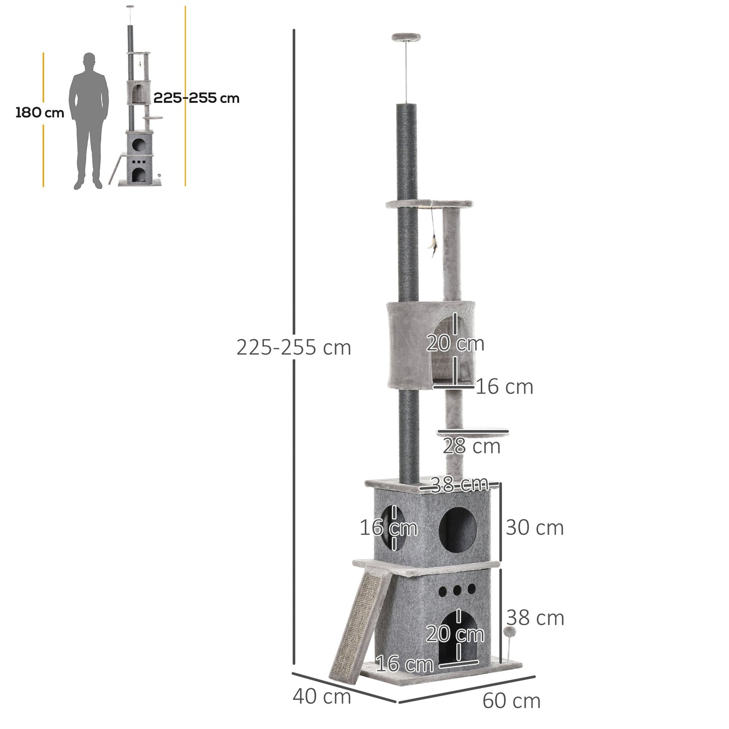 PawHut 255cm Floor To Ceiling Cat Tree for Indoor Cats Climber Scratching Post Adjustable Height Play Tower Removable Cover Grey