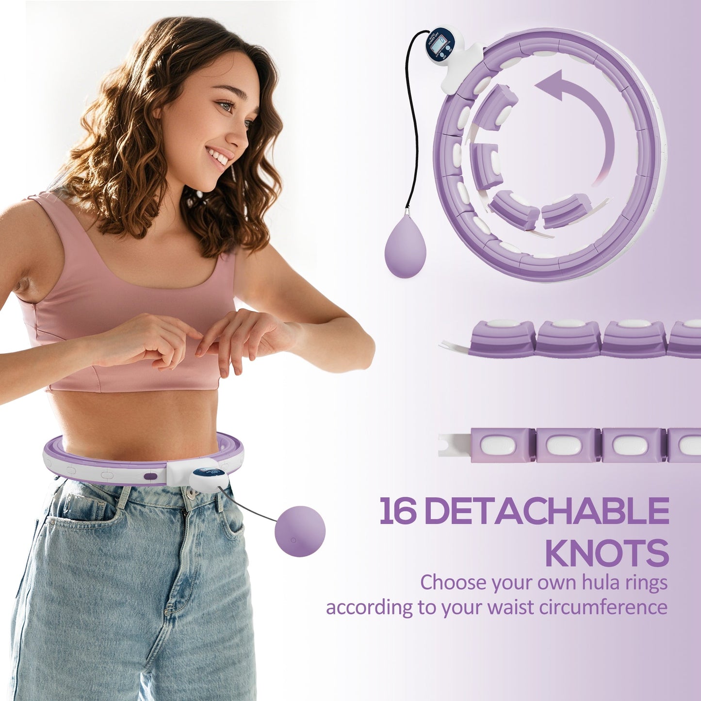 SPORTNOW Smart Weighted Hula Hoop, Massage Hula Ring w/ 16 Detachable Knots, 360 Auto-Rotating Ball, Digital Counter, Purple