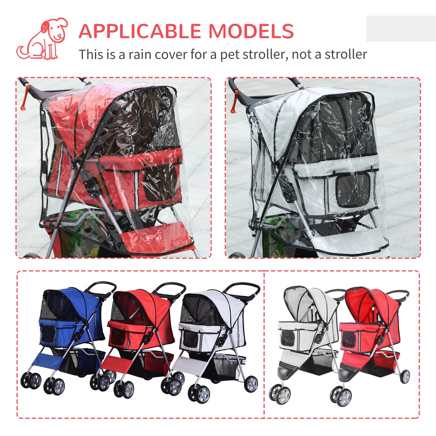 PawHut Dog Stroller with Rain Cover for Small Miniature Dogs, Folding Pet Pram with Cup Holder, Storage Basket, Reflective Strips, Red