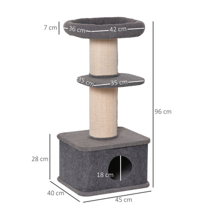 PawHut Cat Tree Kitten Tower متعدد المستويات، أثاث الحيوانات الأليفة مع عمود خدش من السيزال، مجثم قطيفة باللون الرمادي