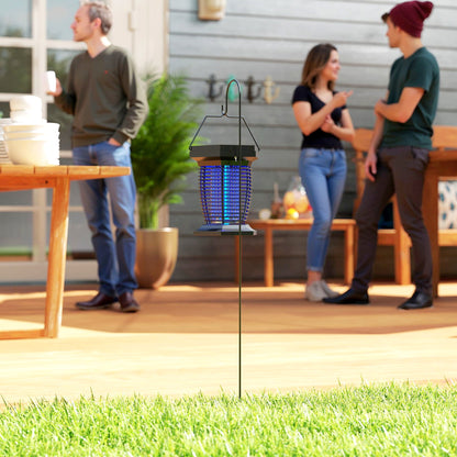 Elektryczna pułapka na muchy Outsunny 2 w 1 z lampą UVA, wisząca lampa ogrodowa, solarna i ładowana przez USB-DC, pułapka na owady i komary, do użytku wewnątrz i na zewnątrz, czarna