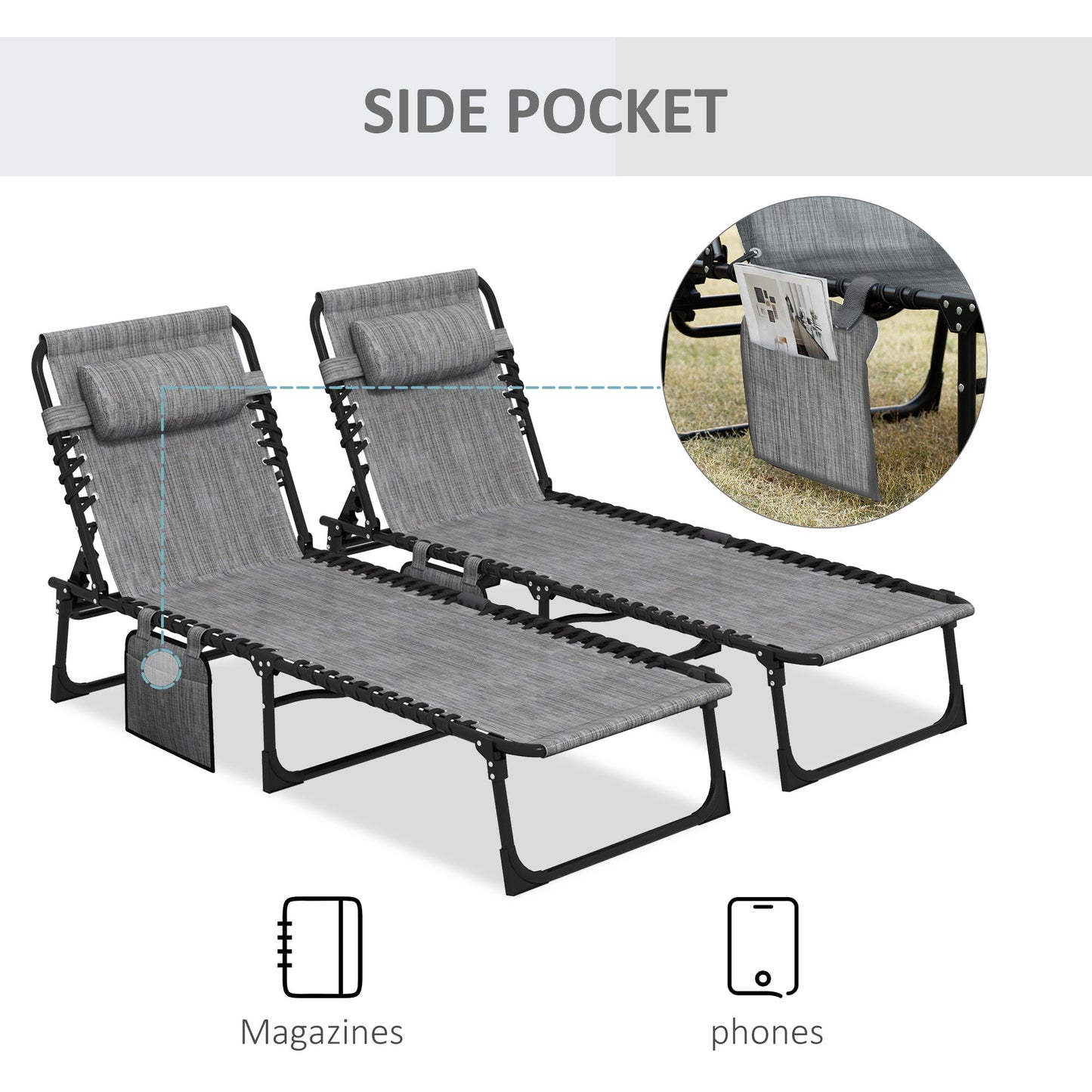 طقم كرسي استرخاء محمول من Outsunny مكون من قطعتين، سرير تخييم قابل للطي، كرسي استرخاء متكئ بمسند ظهر قابل للتعديل في 5 أوضاع مع جيب جانبي، وسادة للفناء والحديقة والشاطئ وحمام السباحة، رمادي مختلط