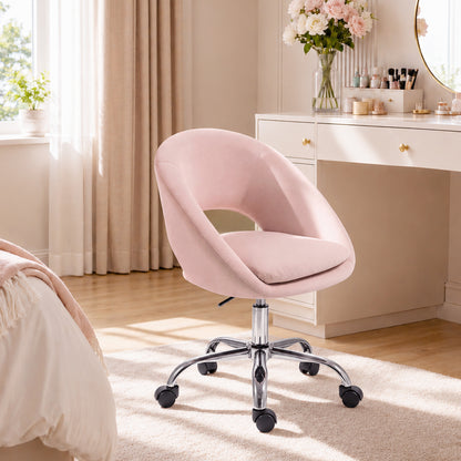 HOMCOM Velvet Desk Chair, Modern Office Chair with Height-Adjustable, Wheels, for Home Study Bedroom, Pink