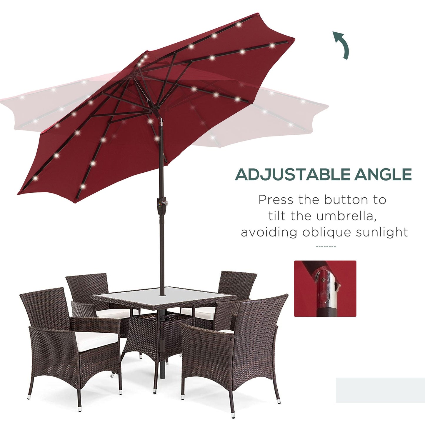 Outsunny Φ2.7m Garden 24 LED Light Parasol Solar Outdoor Tilt Sun Umbrella Patio Club Party Event Manual Sun Shade w / Hand Crank and 8 Ribs Red