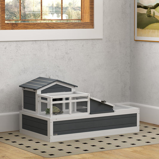 PawHut Tortoise House 3-pokojowy z 2 piętrami, drabiną, balkonem, tacą, otwieranym dachem, 59H x 112L x 65Wcm, szary