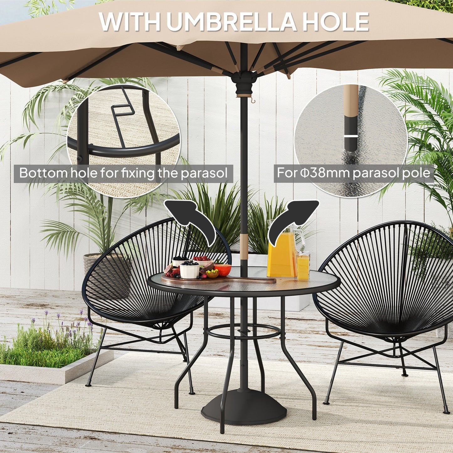 Outsunny Glass-Top Garden Table, with Parasol Hole - Black