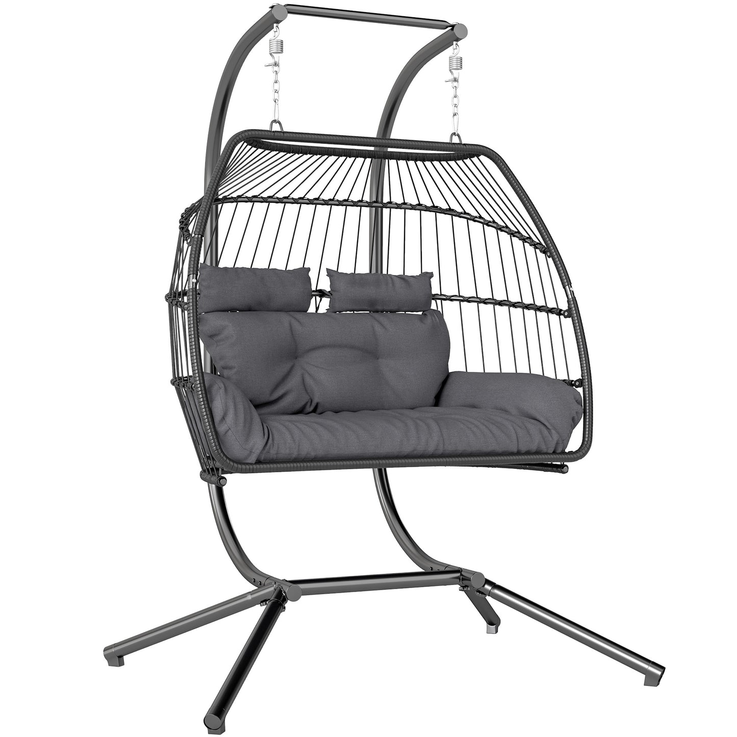 Outsunny Rattan Double Hanging Egg Chair ze stojakiem, składany wiklinowy fotel w kształcie jajka z poduszką, poduszki pod głowę, stalowa rama, fotel hamakowy do wewnątrz i na zewnątrz, nośność 260 kg, ciemnoszary